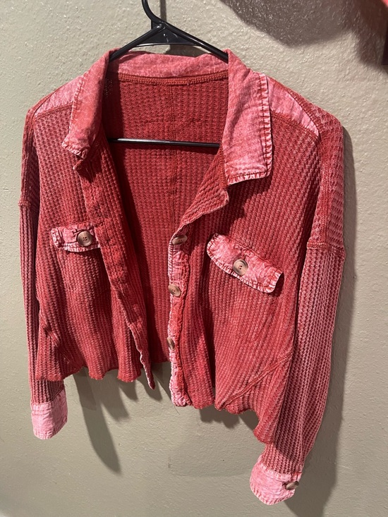 100% Cotton Tops - Textured Waffle-Knit Button Jacket - Dusty Rose 100% Cotton